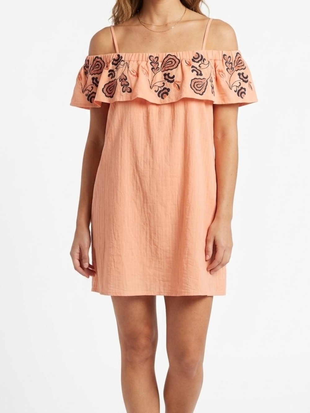 Blush Peach Off-Shoulder Embroidered Ruffle Dress Mini Small